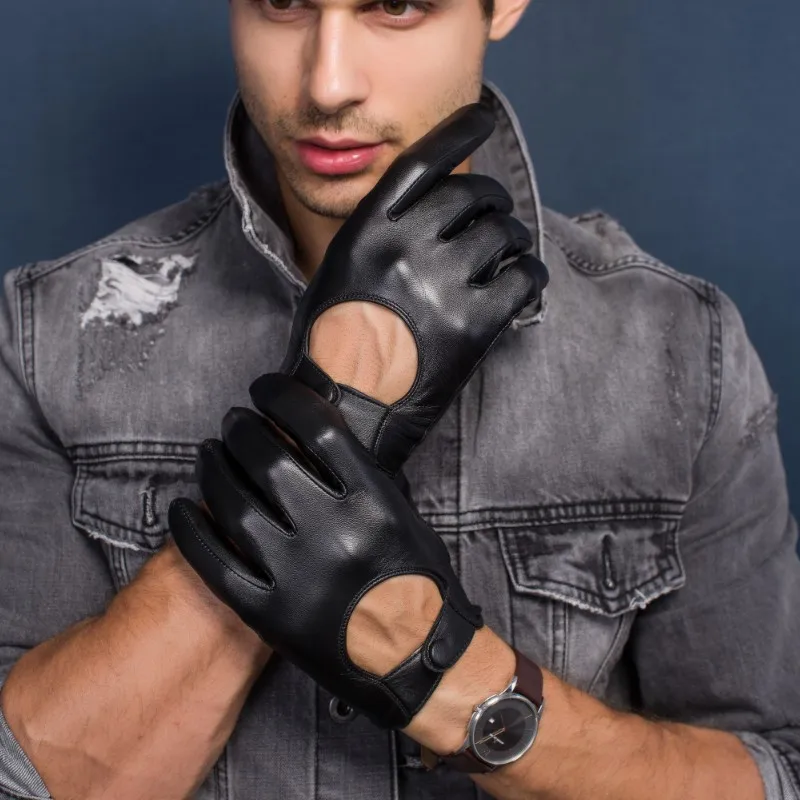 Men's Genuine Leather Gloves Locomotive Driving Gloves Lmported Sheepskin Touch Screen Winter Black Gloves