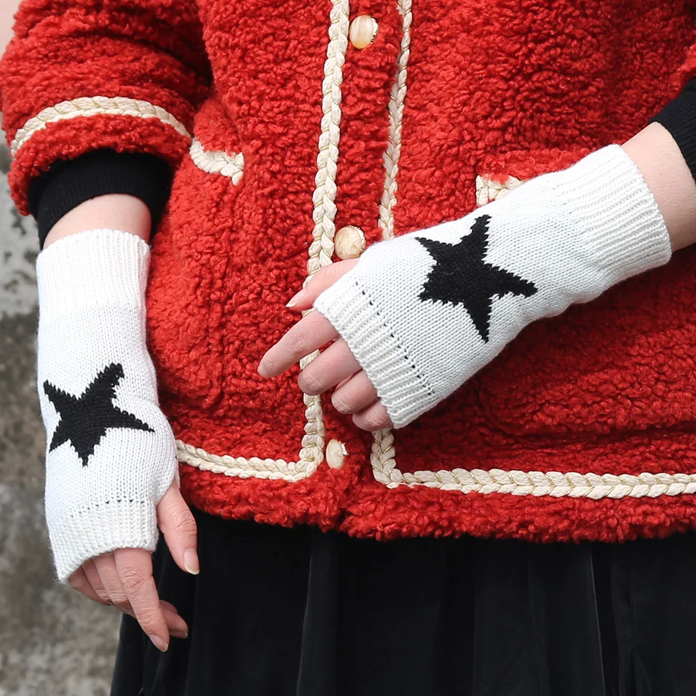 Black White Women Knitted Warm Half Gloves Autumn Winter Fingerless Gloves Arm Sleeve Girls Fashion Casual Accessories Mittens
