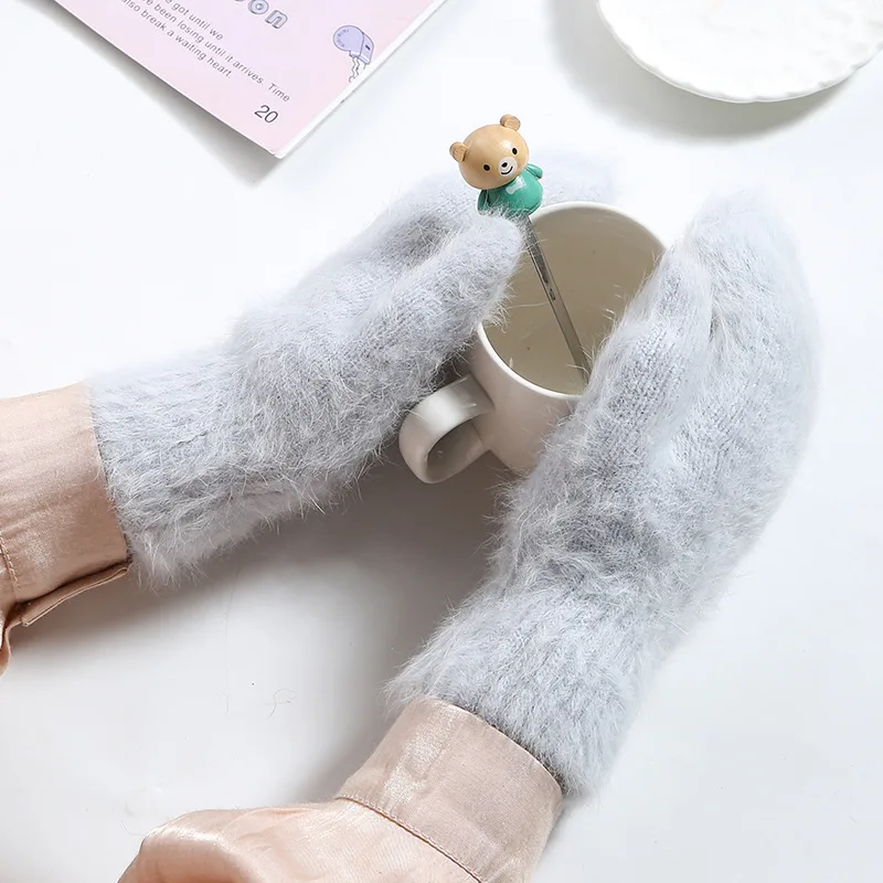 Women Winter Keep Warm Plus Cashmere Velvet Thicken Elasticity Full Fingers Mittens Gloves Imitation Rabbit Fur Knitted Wool