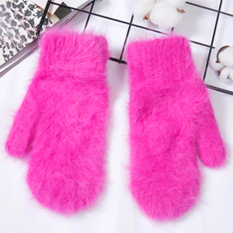 Women Winter Keep Warm Plus Cashmere Velvet Thicken Elasticity Full Fingers Mittens Gloves Imitation Rabbit Fur Knitted Wool