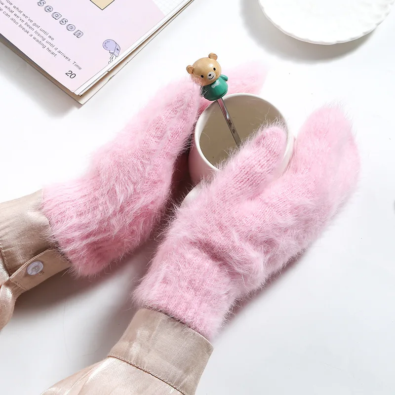 Women Winter Keep Warm Plus Cashmere Velvet Thicken Elasticity Full Fingers Mittens Gloves Imitation Rabbit Fur Knitted Wool