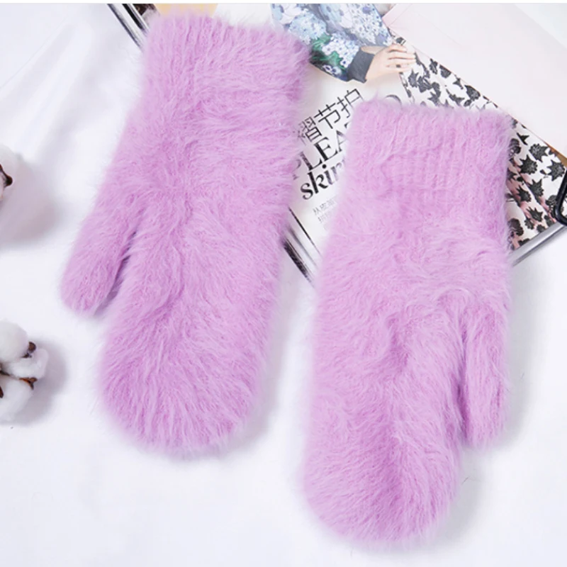 Women Winter Keep Warm Plus Cashmere Velvet Thicken Elasticity Full Fingers Mittens Gloves Imitation Rabbit Fur Knitted Wool
