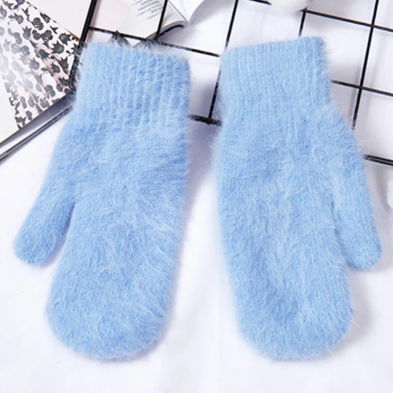 Women Winter Keep Warm Plus Cashmere Velvet Thicken Elasticity Full Fingers Mittens Gloves Imitation Rabbit Fur Knitted Wool