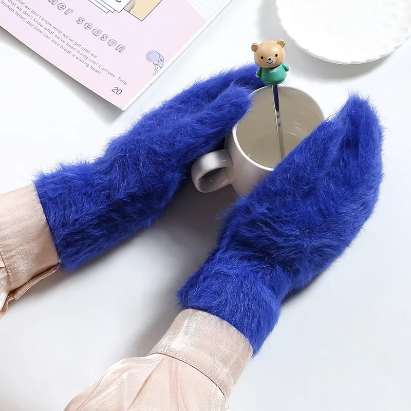 Women Winter Keep Warm Plus Cashmere Velvet Thicken Elasticity Full Fingers Mittens Gloves Imitation Rabbit Fur Knitted Wool