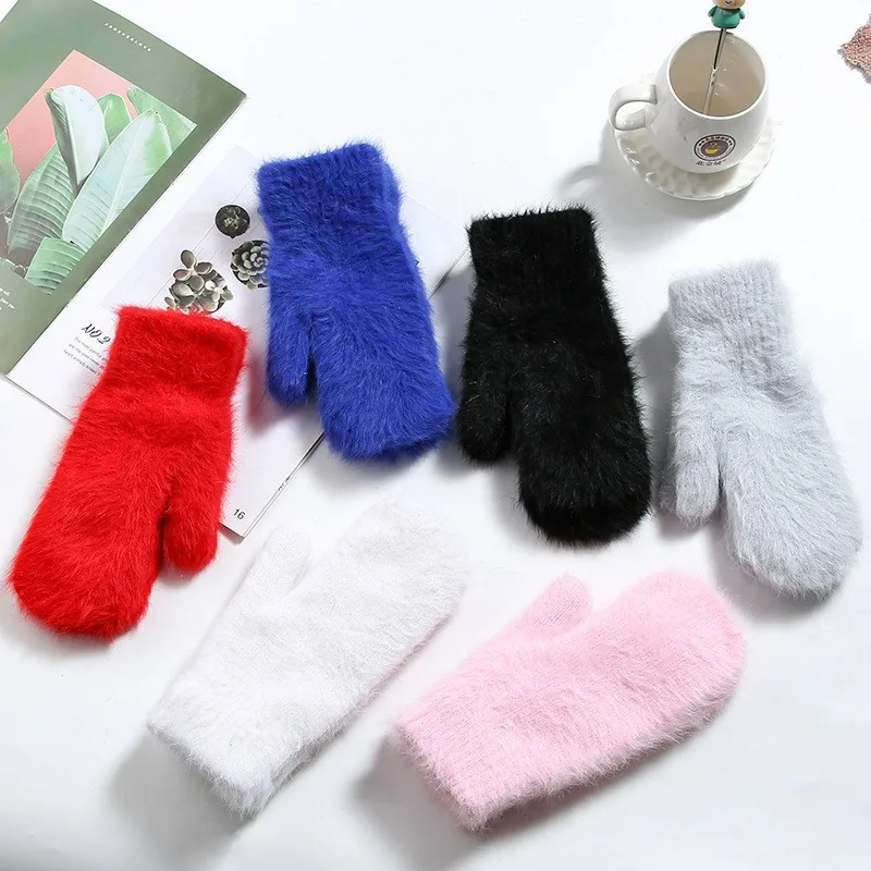 Women Winter Keep Warm Plus Cashmere Velvet Thicken Elasticity Full Fingers Mittens Gloves Imitation Rabbit Fur Knitted Wool