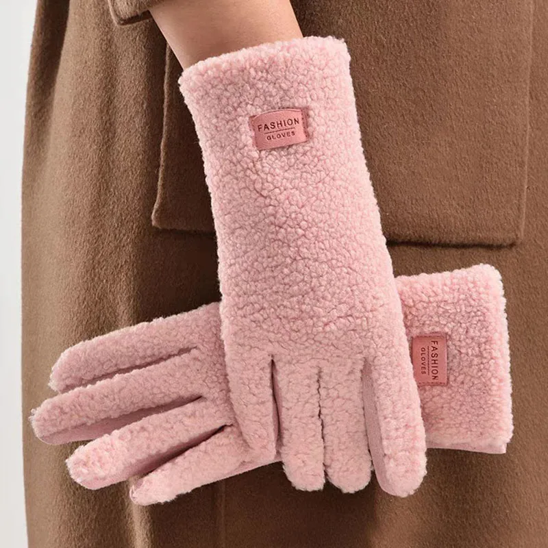 Imitation Teddy Hair Suede Women Winter Keep Warm Touch Screen Gloves Fashion Personality Add Velvet Thickened Soft