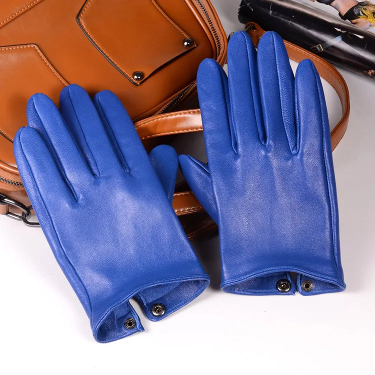 Men's Male 100% Real Leather Sheep Skin shrink Wrist Unlined Tactical Wrist Button Military Short Gloves
