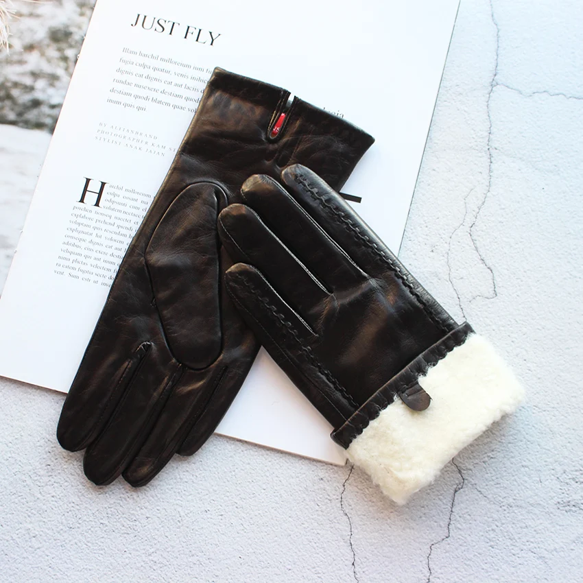Women's Winter Thickened Sheepskin Gloves Lamb Fur Lining Leather Warm Fashion Motorcycle Riding Gloves Cold-Resistant Driving G