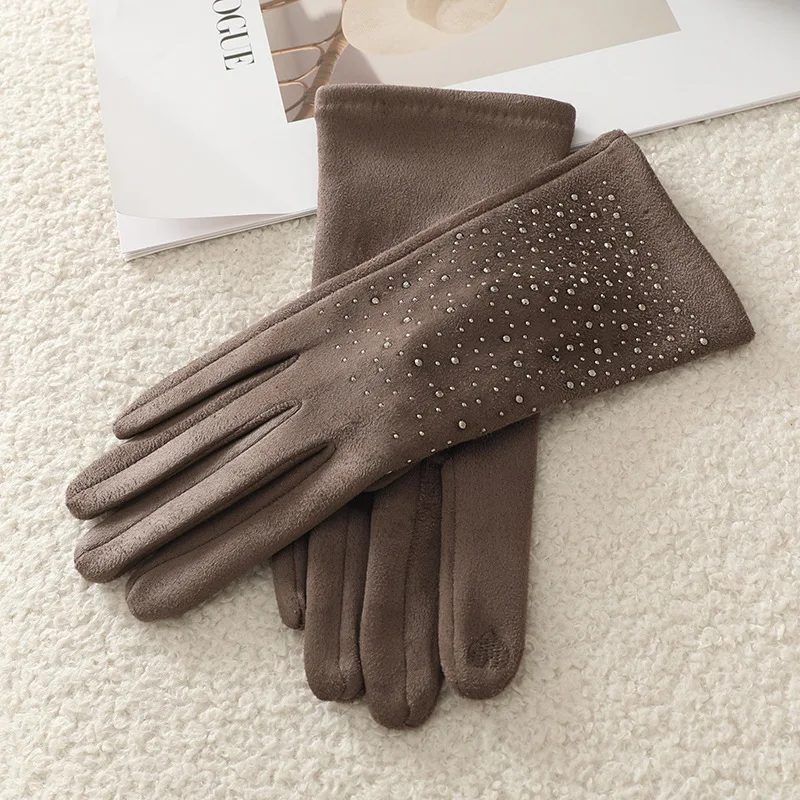 Winter Women Fashion Elegant Hot Diamond Suede Touch Screen Warm Gloves Outdoor Cycling Drive Thickened Protection from cold