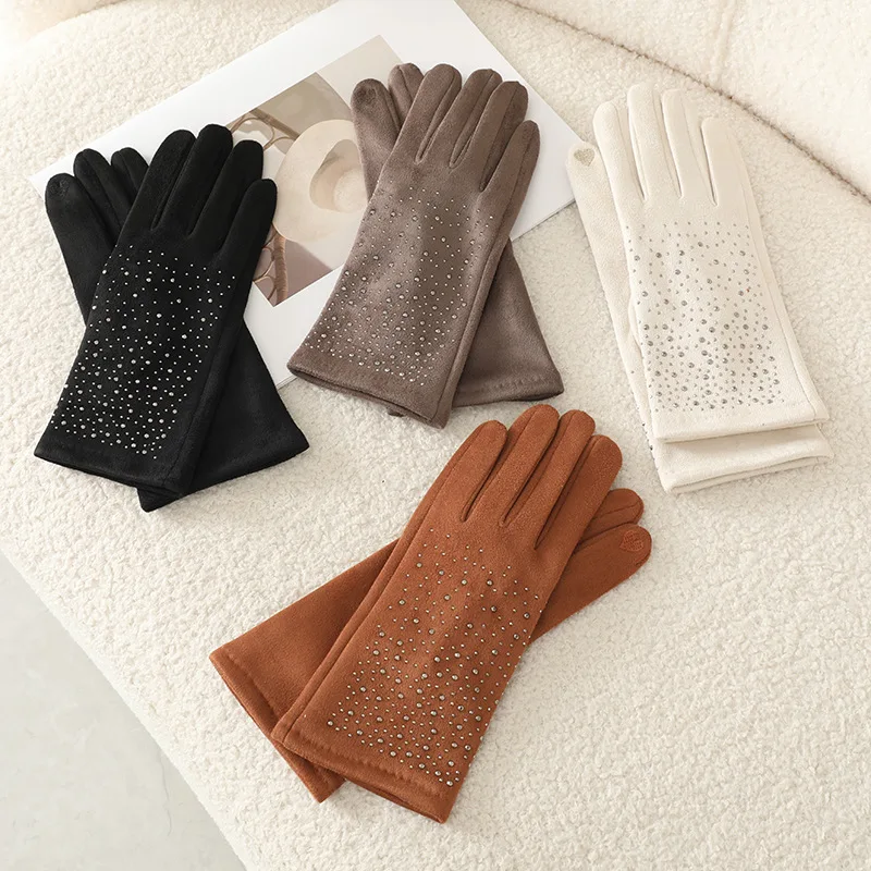 Winter Women Fashion Elegant Hot Diamond Suede Touch Screen Warm Gloves Outdoor Cycling Drive Thickened Protection from cold
