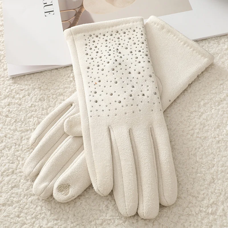 Winter Women Fashion Elegant Hot Diamond Suede Touch Screen Warm Gloves Outdoor Cycling Drive Thickened Protection from cold