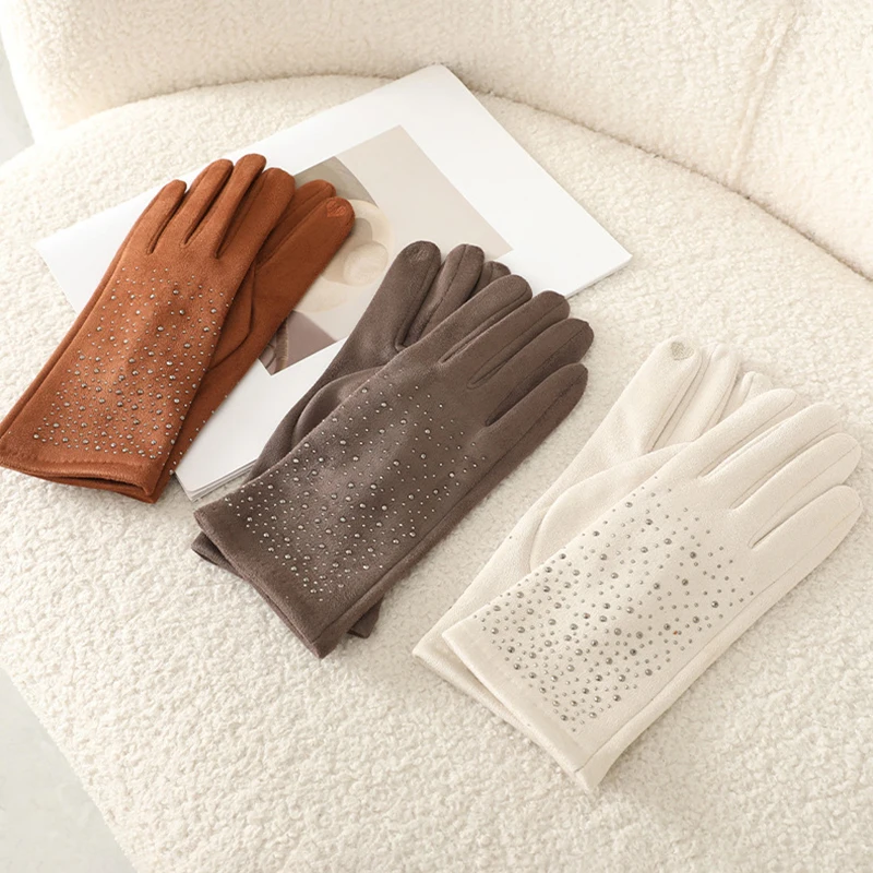 Winter Women Fashion Elegant Hot Diamond Suede Touch Screen Warm Gloves Outdoor Cycling Drive Thickened Protection from cold