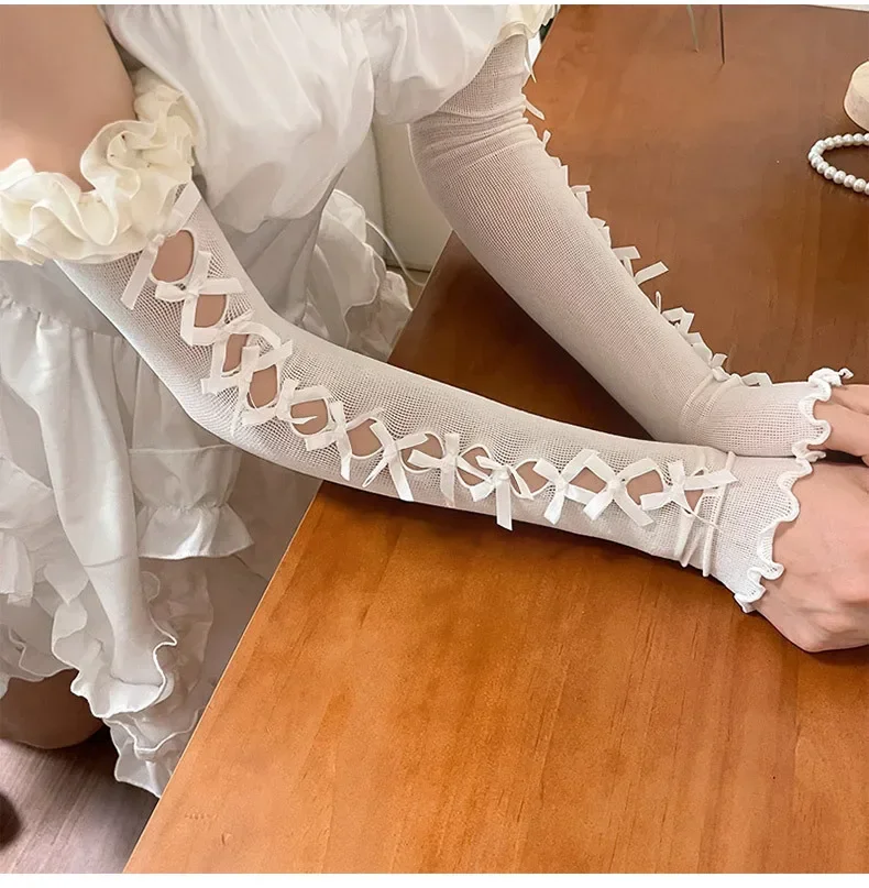Sexy White Hollow Satin Bow Lace Gloves Lolita Bride Thin Sun Protection Arm Sleeves Women Summer Fingerless Sunscreen Mittens