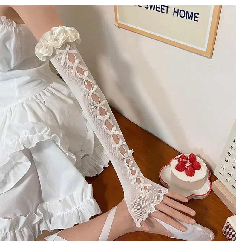 Sexy White Hollow Satin Bow Lace Gloves Lolita Bride Thin Sun Protection Arm Sleeves Women Summer Fingerless Sunscreen Mittens