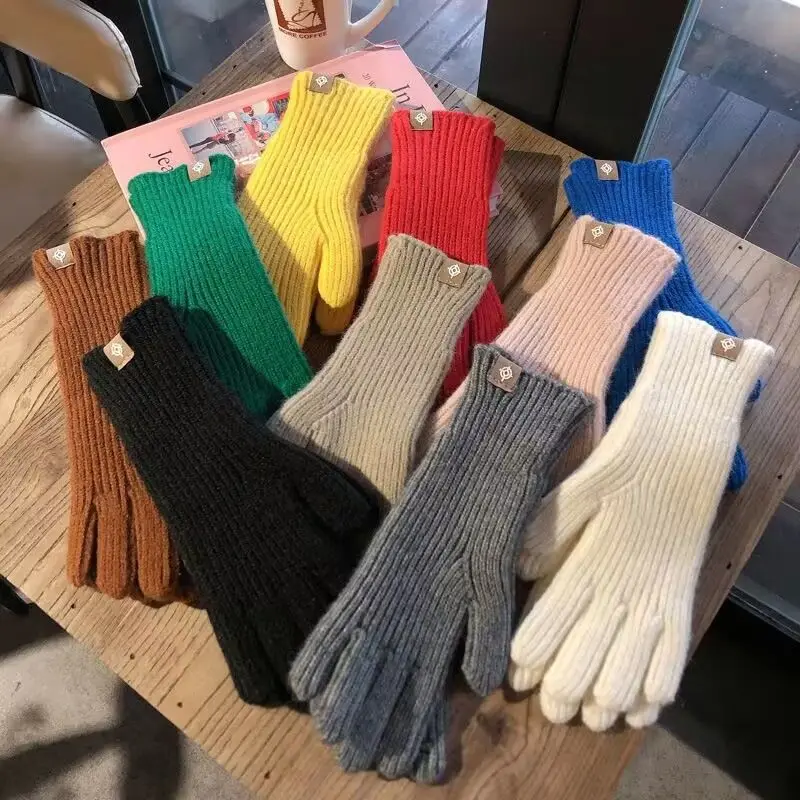 New Cute Style Long Solid Color Knitted Label Girls' Gloves Fingerless Touch Screen Anti-cold Autumn Winter ins Y2K
