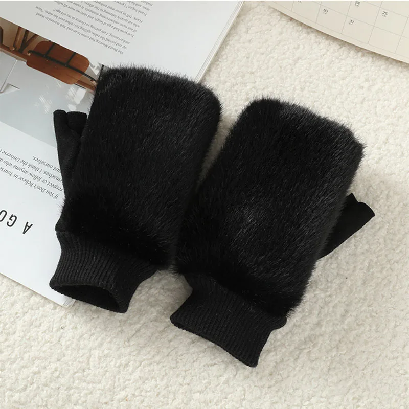 Imitation of Fox Fur Soft Women Winter Suede Cute Lovely Sweety Keyboard Works Keep Warm Half Finger Gloves Thickened