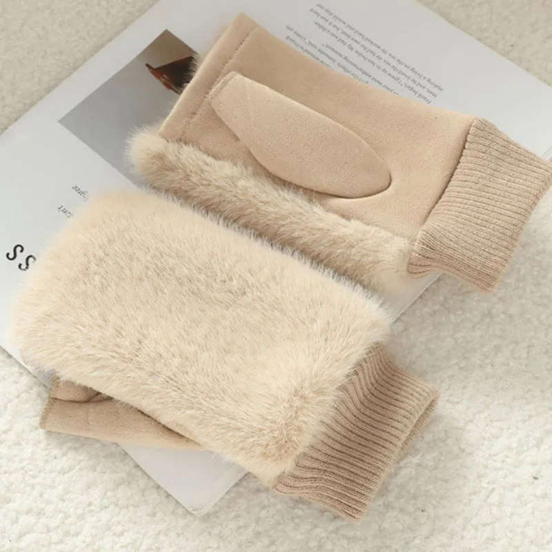 Imitation of Fox Fur Soft Women Winter Suede Cute Lovely Sweety Keyboard Works Keep Warm Half Finger Gloves Thickened