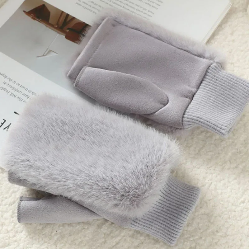 Imitation of Fox Fur Soft Women Winter Suede Cute Lovely Sweety Keyboard Works Keep Warm Half Finger Gloves Thickened