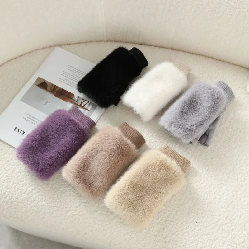 Imitation of Fox Fur Soft Women Winter Suede Cute Lovely Sweety Keyboard Works Keep Warm Half Finger Gloves Thickened