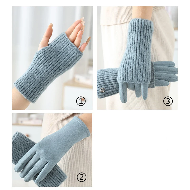 3 Ways to Wear Removable Winter Women Gloves Keep Warm Touch Screen Knitted Suede Solid Soft Add Velvet Not Bloated Prevent Cold