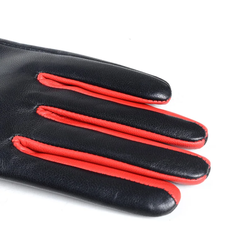 Long Gloves Women European/American Fashion Genuine Leather Thin Contrast Color Lambskin Mittens Female Lined Two Tone Luvas