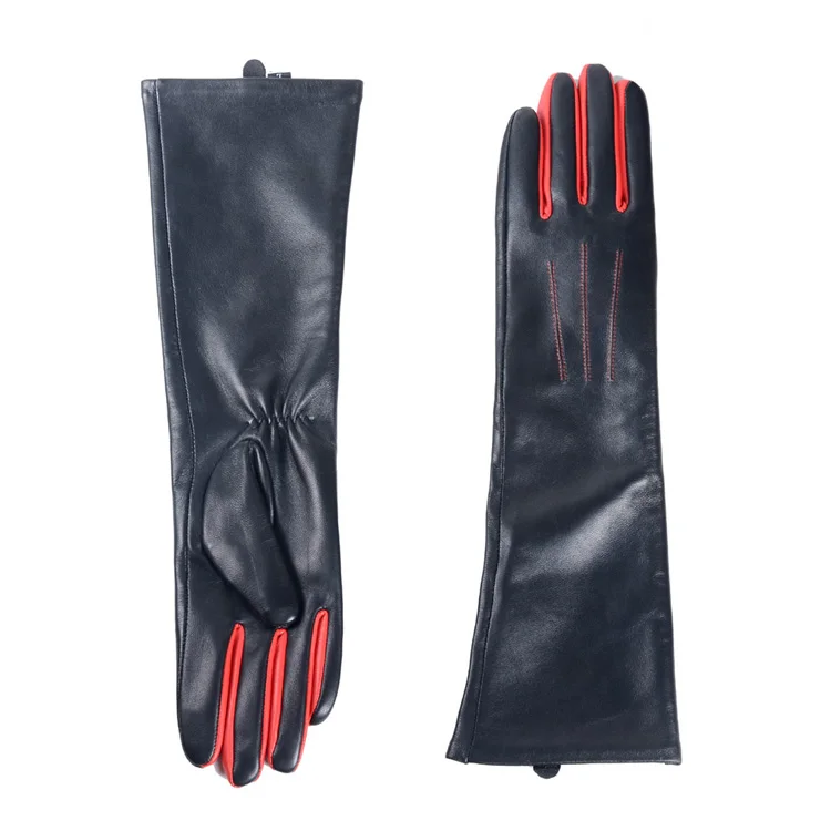 Long Gloves Women European/American Fashion Genuine Leather Thin Contrast Color Lambskin Mittens Female Lined Two Tone Luvas