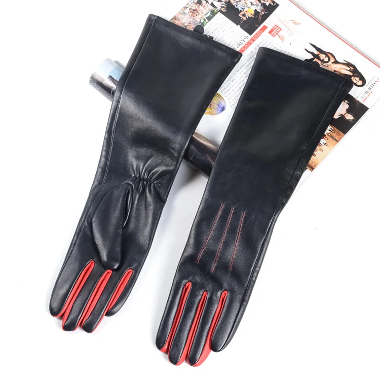 Long Gloves Women European/American Fashion Genuine Leather Thin Contrast Color Lambskin Mittens Female Lined Two Tone Luvas