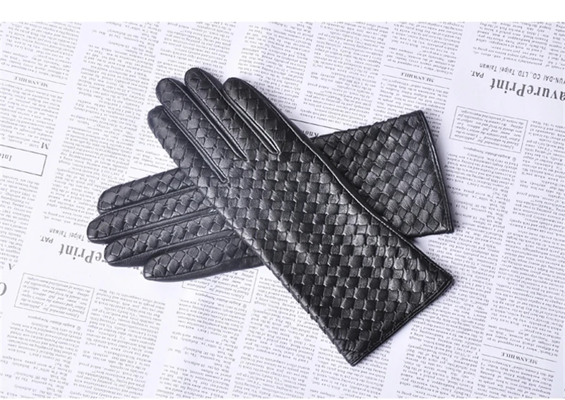 Women's Genuine Leather Gloves Female Handmade Woven Elegant Sheepskin Gloves Fashion Trend Nylon Lined L118NN-1