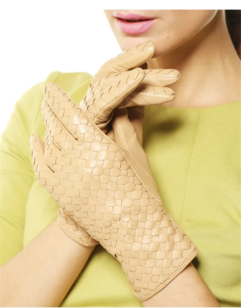 Women's Genuine Leather Gloves Female Handmade Woven Elegant Sheepskin Gloves Fashion Trend Nylon Lined L118NN-1