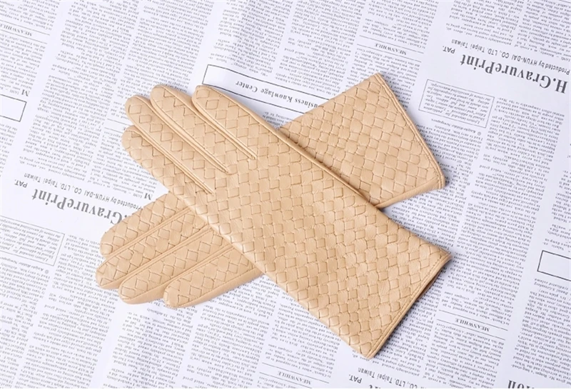 Women's Genuine Leather Gloves Female Handmade Woven Elegant Sheepskin Gloves Fashion Trend Nylon Lined L118NN-1