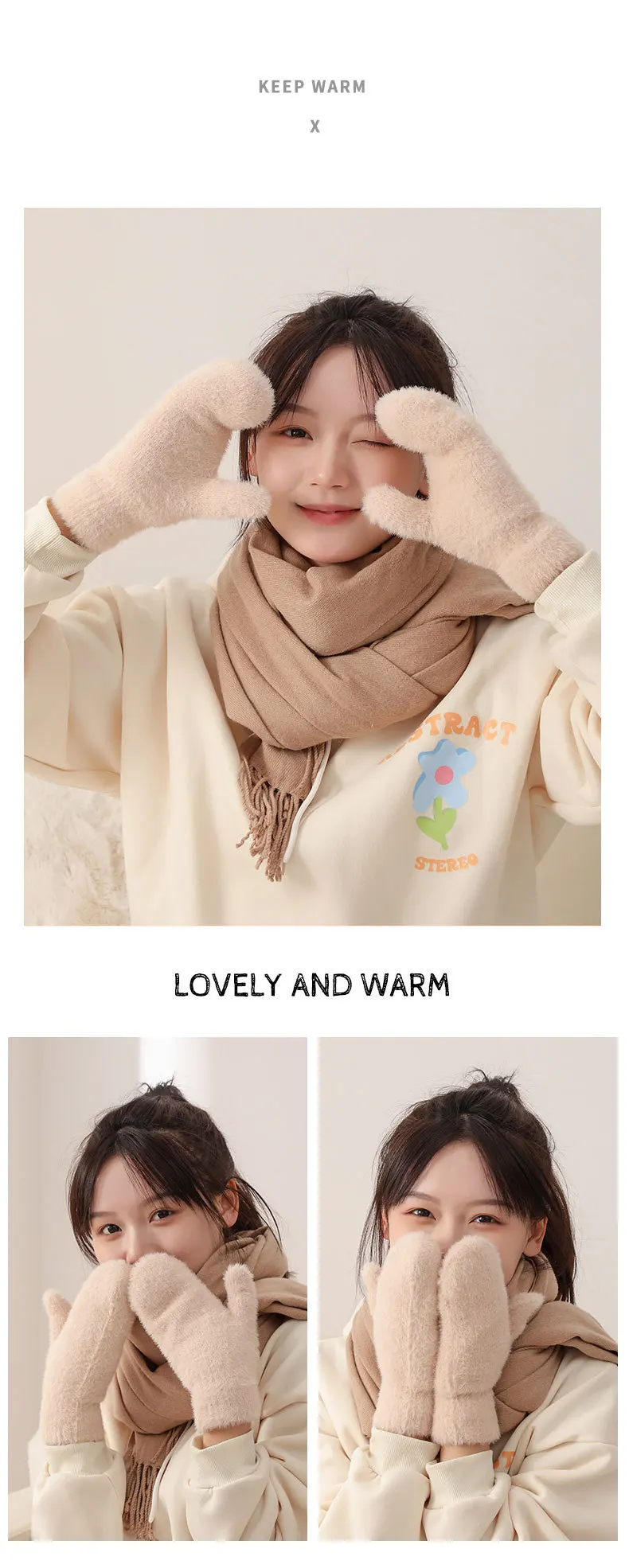 Women Winter Mink Down Gloves Female Plus Velvet Thicken Knitting Warm Mittens Youth Student Girl Cute Soft Elastic Gloves