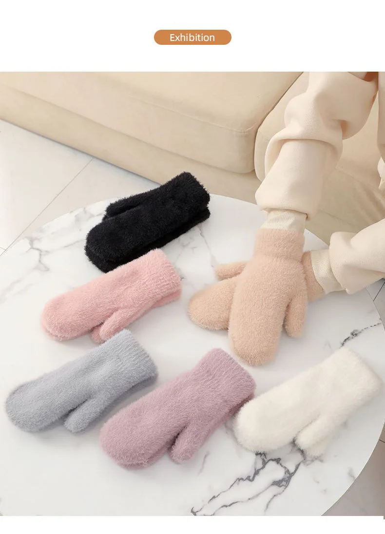 Women Winter Mink Down Gloves Female Plus Velvet Thicken Knitting Warm Mittens Youth Student Girl Cute Soft Elastic Gloves