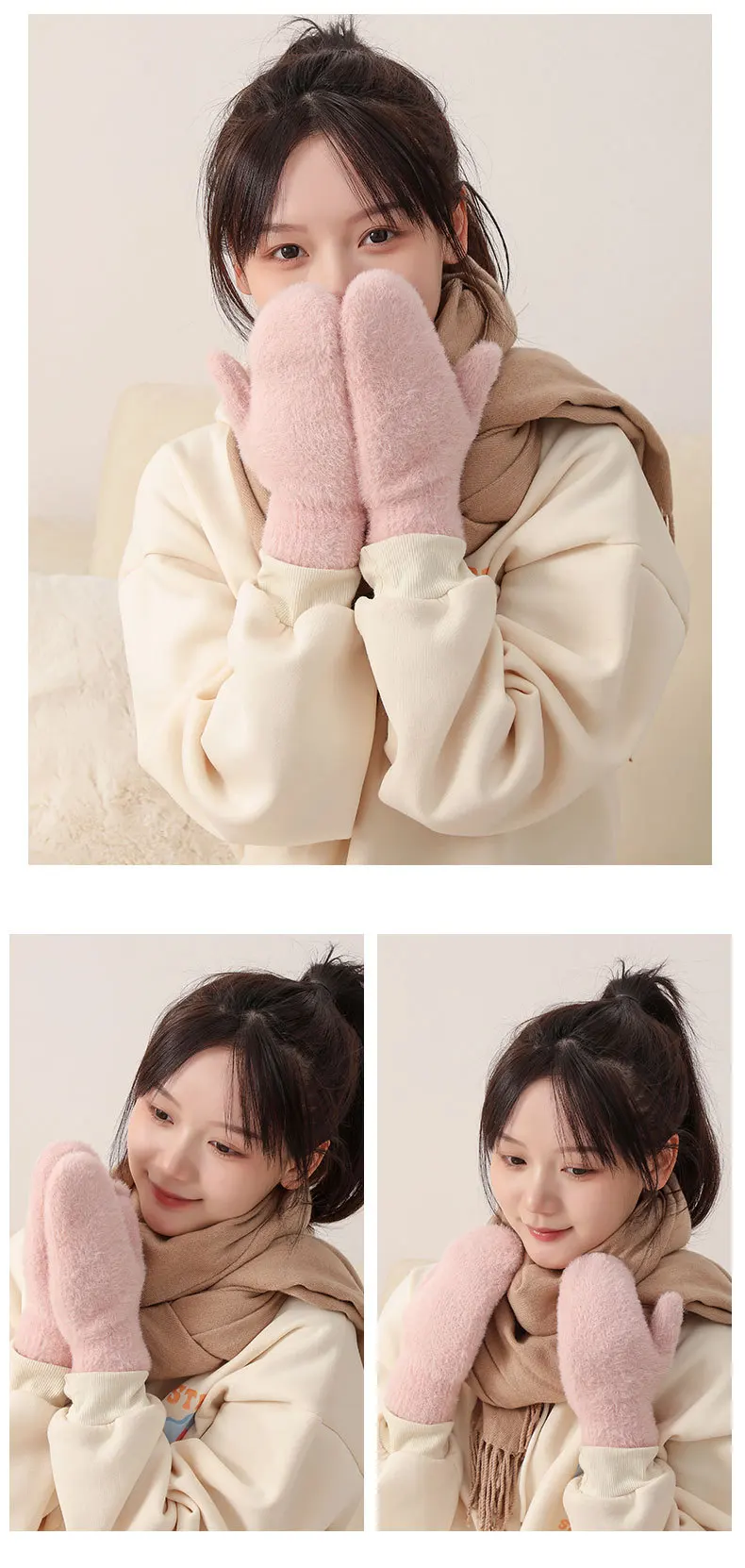 Women Winter Mink Down Gloves Female Plus Velvet Thicken Knitting Warm Mittens Youth Student Girl Cute Soft Elastic Gloves
