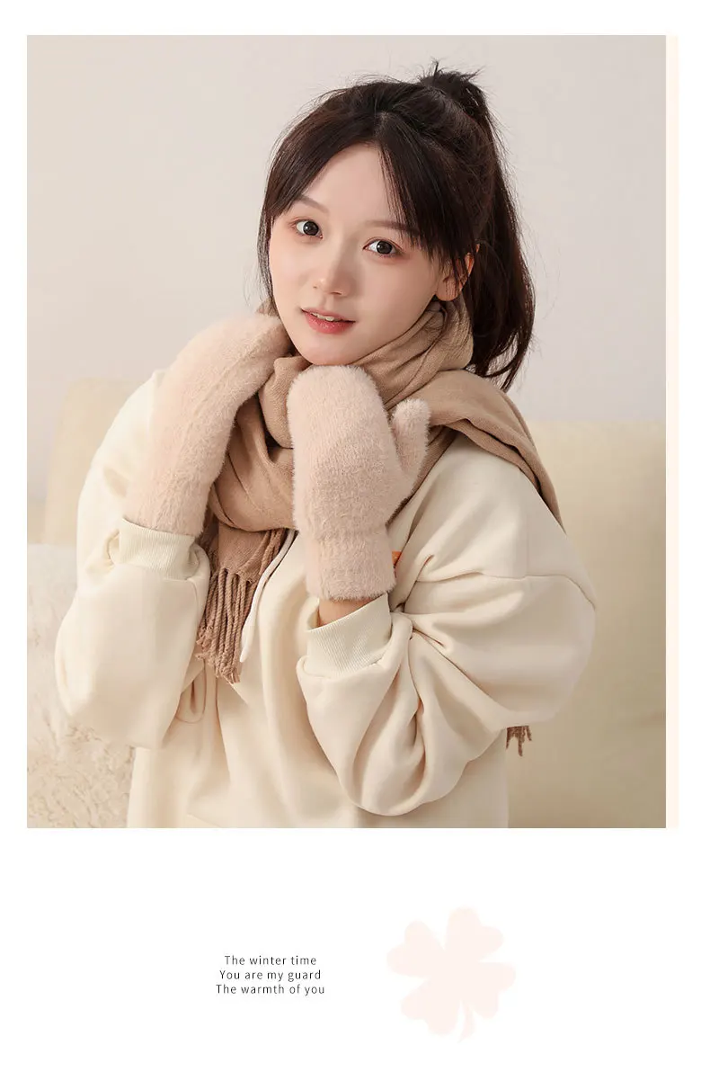 Women Winter Mink Down Gloves Female Plus Velvet Thicken Knitting Warm Mittens Youth Student Girl Cute Soft Elastic Gloves