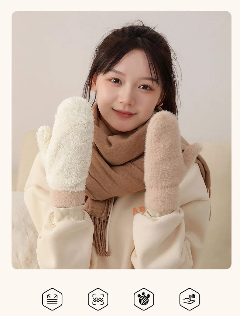Women Winter Mink Down Gloves Female Plus Velvet Thicken Knitting Warm Mittens Youth Student Girl Cute Soft Elastic Gloves