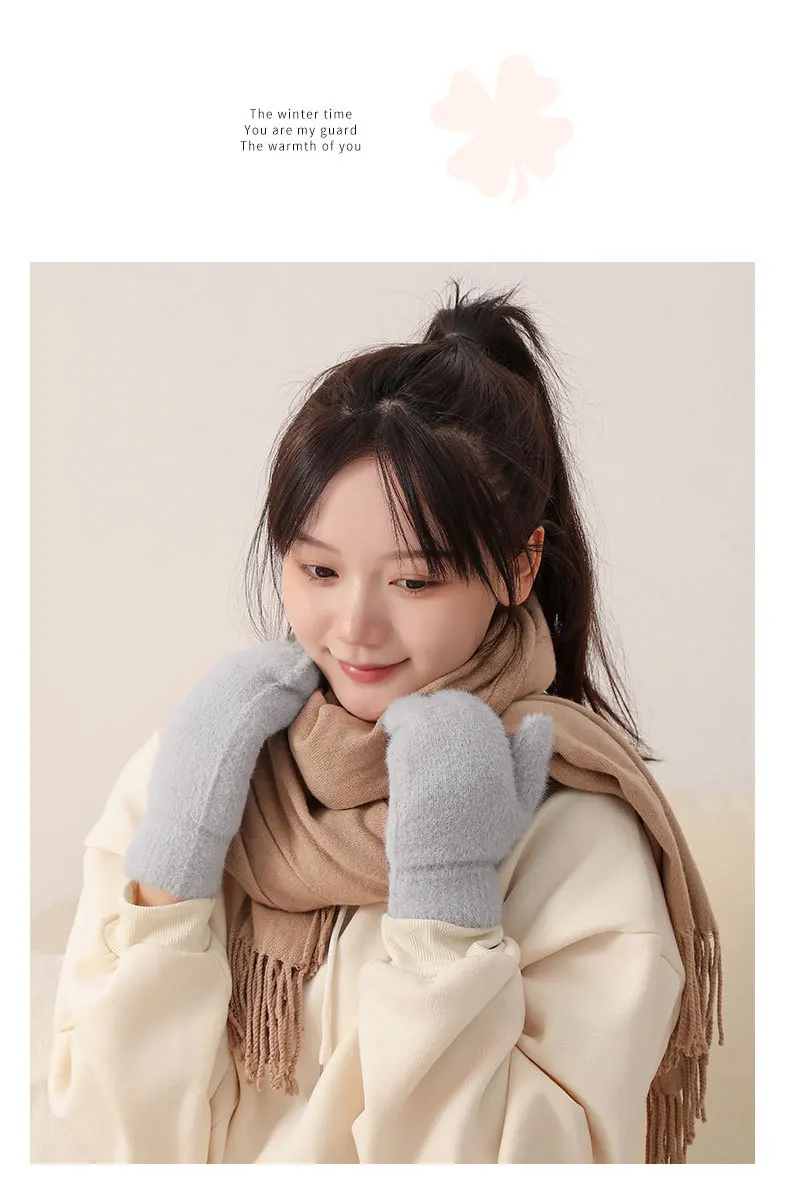 Women Winter Mink Down Gloves Female Plus Velvet Thicken Knitting Warm Mittens Youth Student Girl Cute Soft Elastic Gloves