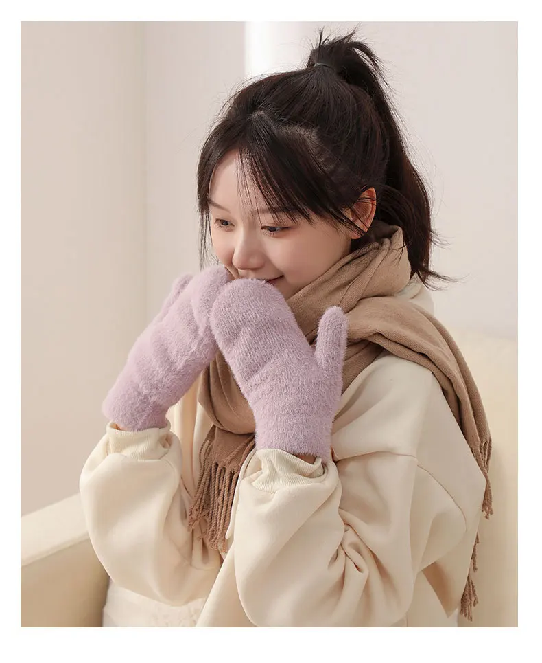 Women Winter Mink Down Gloves Female Plus Velvet Thicken Knitting Warm Mittens Youth Student Girl Cute Soft Elastic Gloves