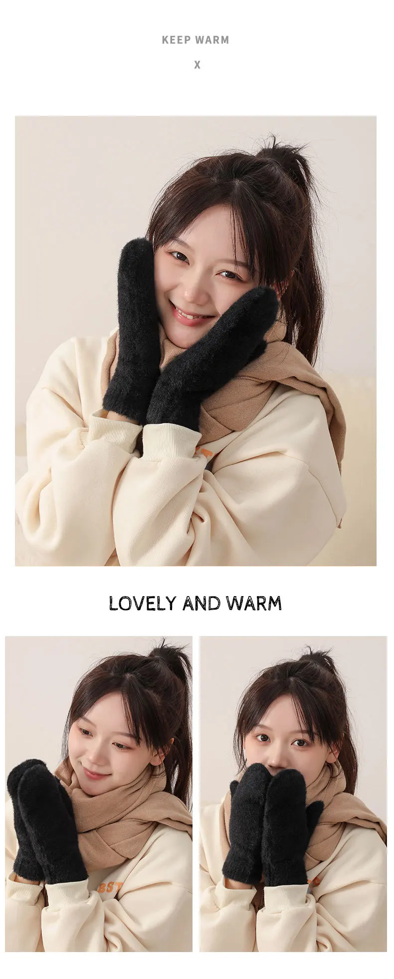 Women Winter Mink Down Gloves Female Plus Velvet Thicken Knitting Warm Mittens Youth Student Girl Cute Soft Elastic Gloves