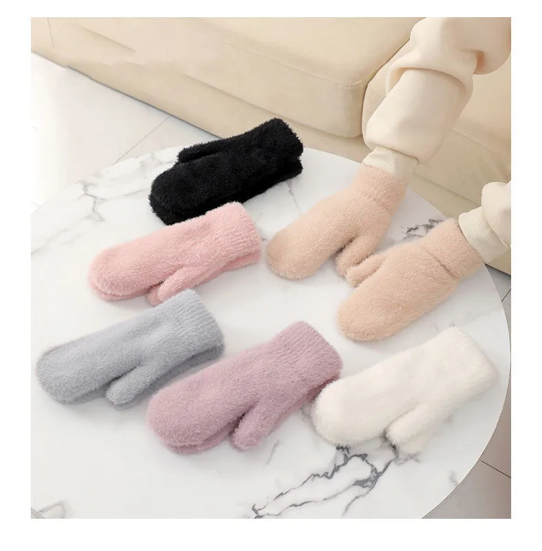 Women Winter Mink Down Gloves Female Plus Velvet Thicken Knitting Warm Mittens Youth Student Girl Cute Soft Elastic Gloves