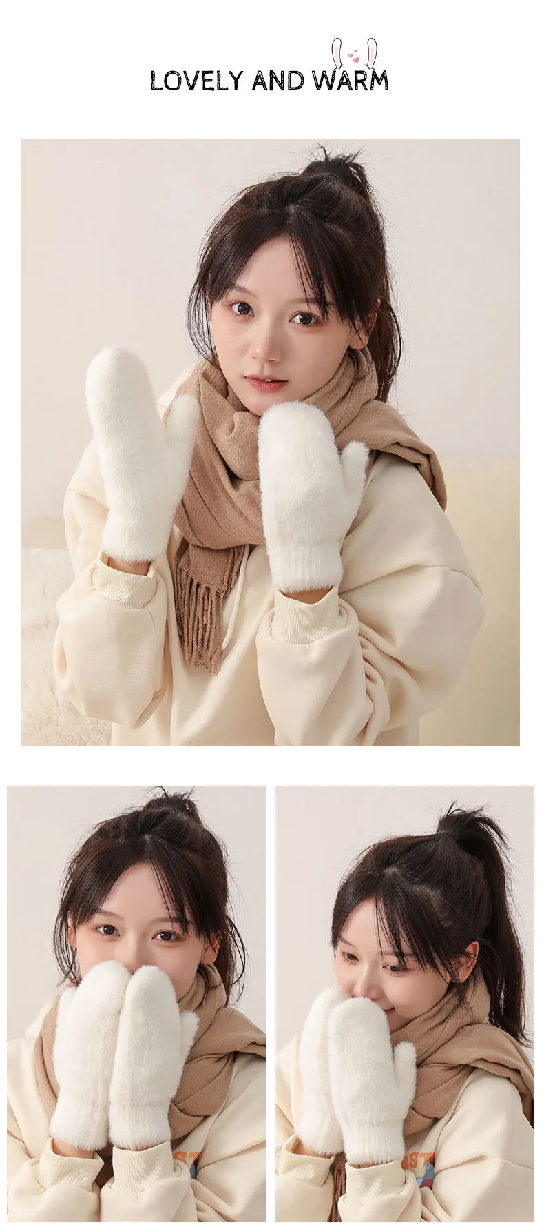 Women Winter Mink Down Gloves Female Plus Velvet Thicken Knitting Warm Mittens Youth Student Girl Cute Soft Elastic Gloves