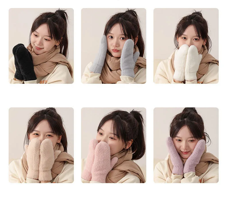 Women Winter Mink Down Gloves Female Plus Velvet Thicken Knitting Warm Mittens Youth Student Girl Cute Soft Elastic Gloves