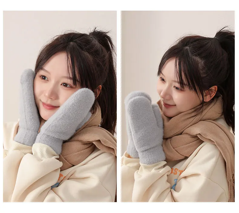 Women Winter Mink Down Gloves Female Plus Velvet Thicken Knitting Warm Mittens Youth Student Girl Cute Soft Elastic Gloves