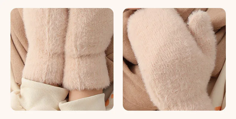 Women Winter Mink Down Gloves Female Plus Velvet Thicken Knitting Warm Mittens Youth Student Girl Cute Soft Elastic Gloves
