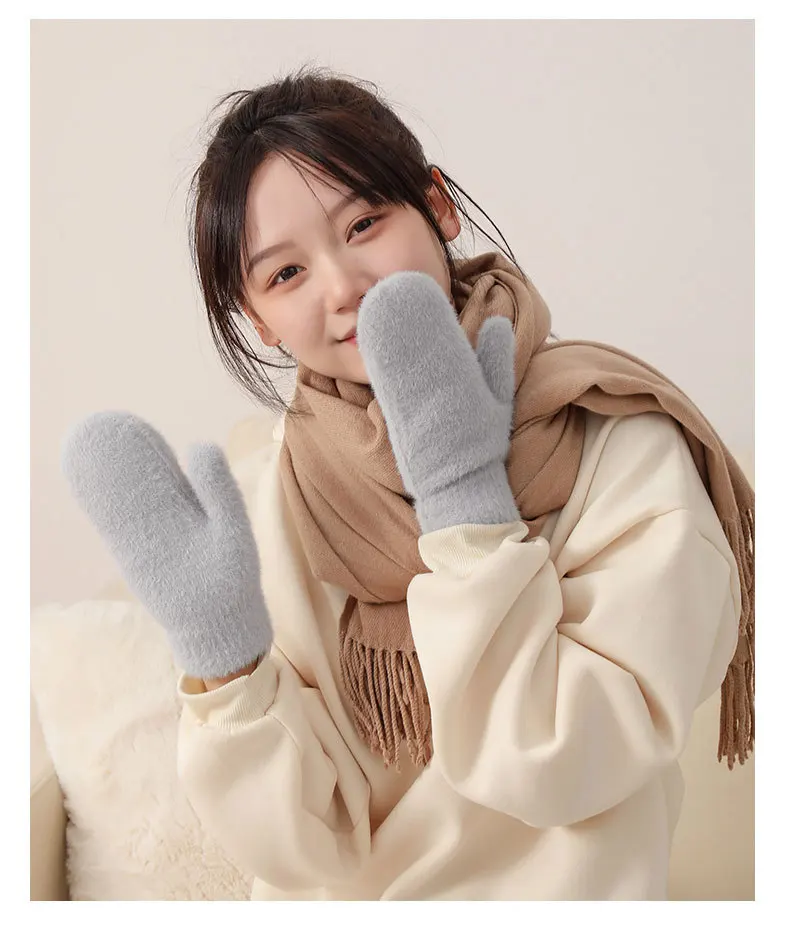Women Winter Mink Down Gloves Female Plus Velvet Thicken Knitting Warm Mittens Youth Student Girl Cute Soft Elastic Gloves