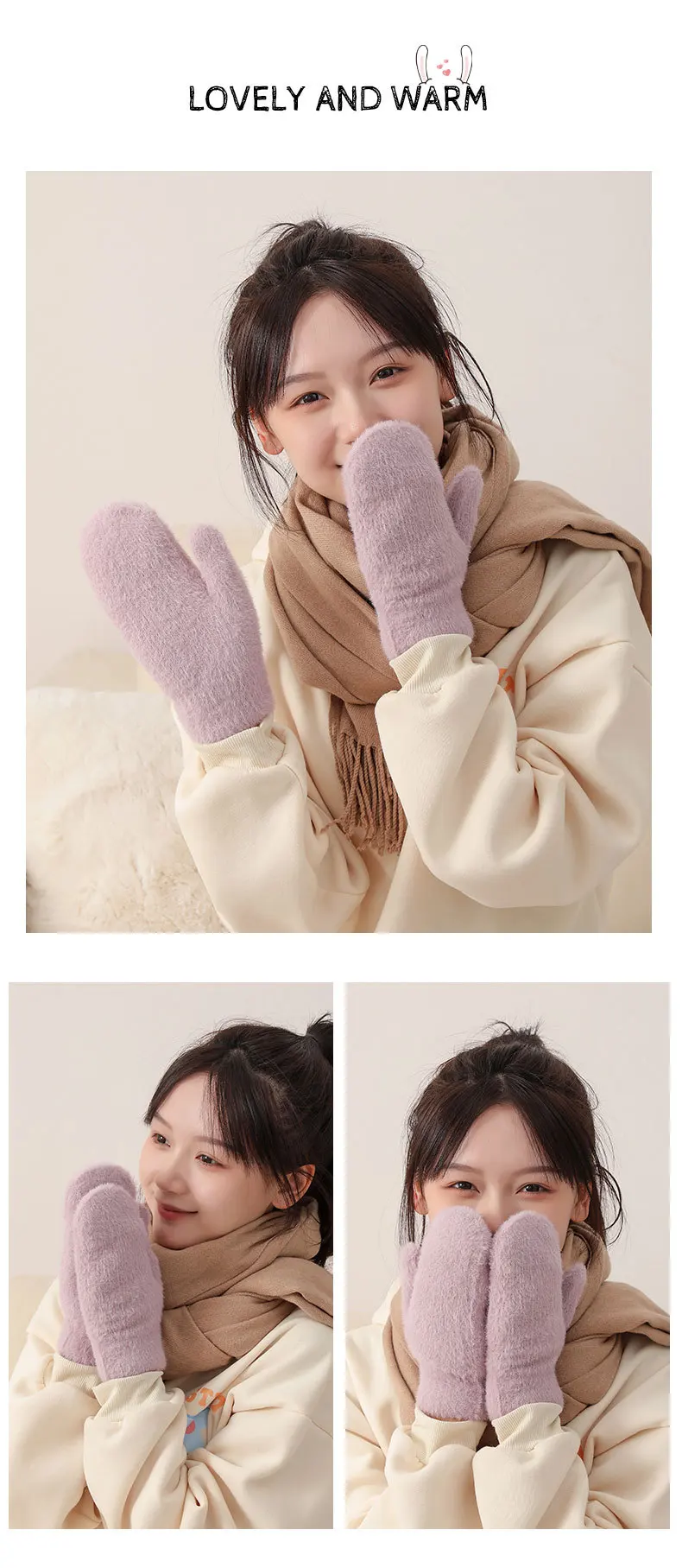 Women Winter Mink Down Gloves Female Plus Velvet Thicken Knitting Warm Mittens Youth Student Girl Cute Soft Elastic Gloves