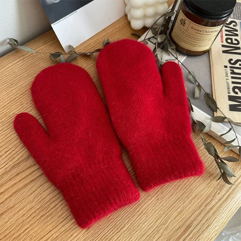 Winter Lolita Style Full Finger Warm Knitted Gloves Korean Female Kawaii Plush Thicken Windproof Mittens