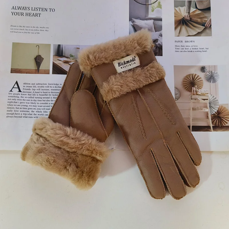 New Winter Women's Sheepskin Fur Gloves Thickened Warm Wool Lining Windproof Leather Driving Gloves