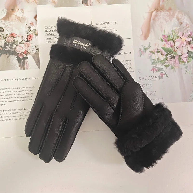 New Winter Women's Sheepskin Fur Gloves Thickened Warm Wool Lining Windproof Leather Driving Gloves