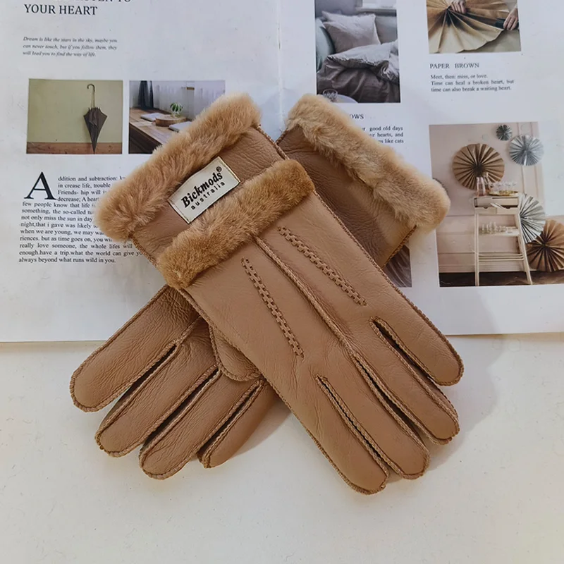 New Winter Women's Sheepskin Fur Gloves Thickened Warm Wool Lining Windproof Leather Driving Gloves