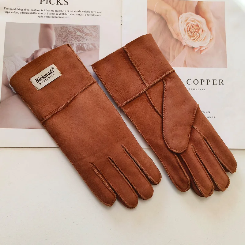 New Winter Women's Sheepskin Fur Gloves Thickened Warm Wool Lining Windproof Leather Driving Gloves